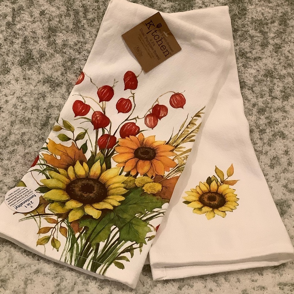 Autumn Fall Sunflower Floral Kitchen Towel Set of 2 NWT Kay Dee, Cotton 18x28”